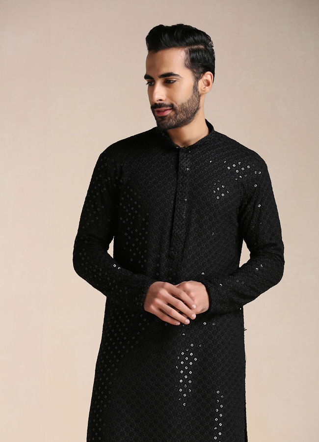 alt message - Manyavar Men Black Chikankari Kurta Set image number 0